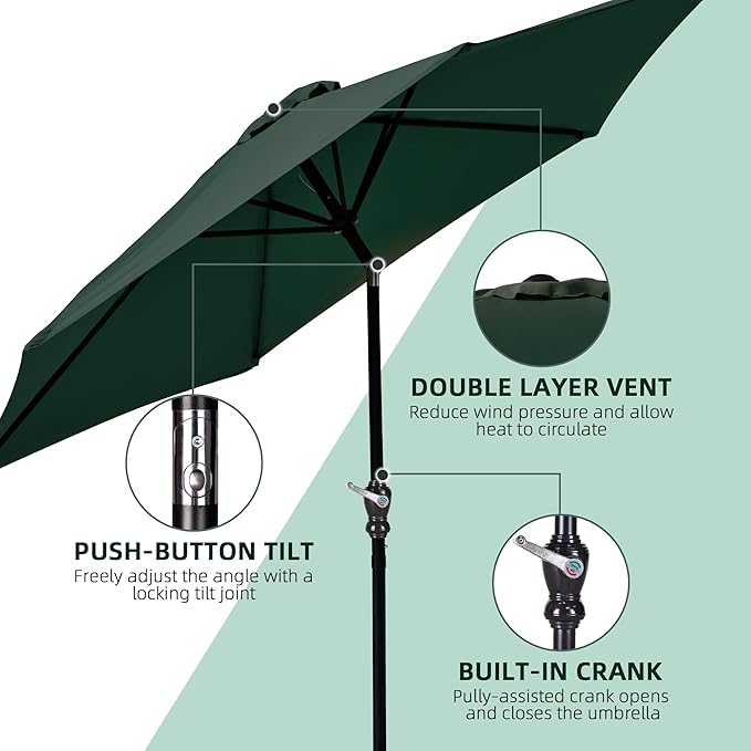 9FT Outdoor Patio Umbrella with Push Button Tilt and Crank, Beach Umbrella for Sun Shades, Market Umbrella with 6 Sturdy Metal Ribs, UV Resistant Waterproof for Garden, Backyard, Deck, Pool