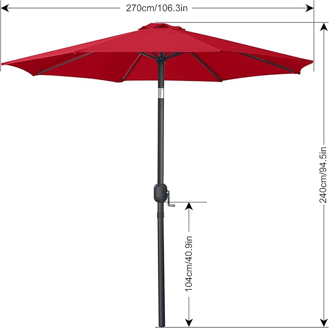 ABCCANOPY 9FT Outdoor Patio Umbrella, 8 Ribs Table Umbrella w/Crank for Easy Set Up, Suitable for Garden, Lawn, Deck & Backyard (Red)