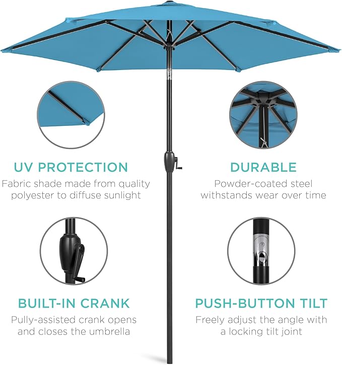 Best Choice Products 7.5ft Heavy-Duty Round Outdoor Market Table Patio Umbrella w/Steel Pole, Push Button Tilt, Easy Crank Lift - Sky Blue