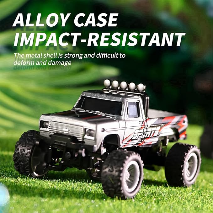 Mini RC Car, 1/64 Scale Mini Remote Control Monster Truck with Trailer, 2.4Ghz & APP Remote Control, Rechargeable Alloy Shell Mini RC Cars with Lights, Speed/Steering Adjustable (Blue-b)
