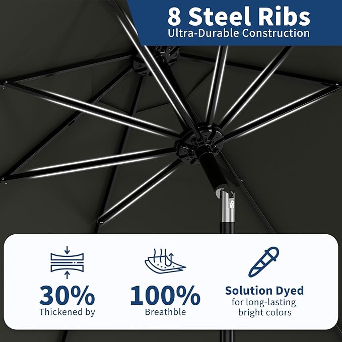 10Ft Patio Umbrella - 8 Sturdy Ribs Outdoor Table Umbrella with Crank Lift & Push Button Tilt - Market Umbrella for Pool, Deck, Yard, Garden -Gray