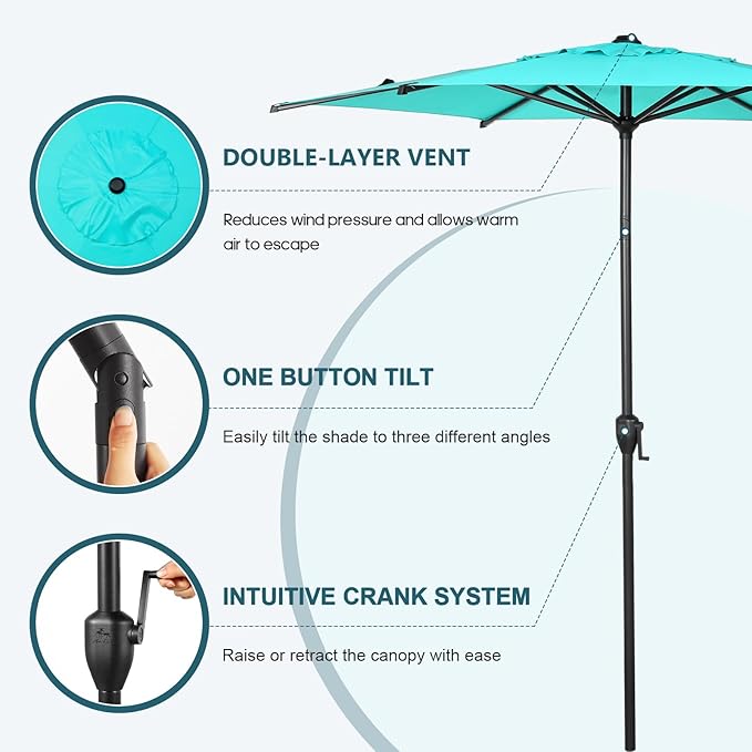 Abba Patio 7.5FT Lyon Outdoor Patio Umbrella Outdoor Table Umbrella with Push Button Tilt and Crank Market Umbrella 6 Sturdy Ribs UV Protection Waterproof for Garden Deck Backyard Pool Light Blue