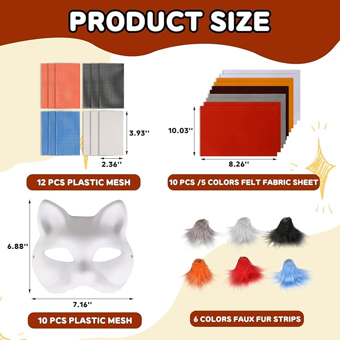 Cat Mask with Eye Mesh Fur Beard and Felt Fabric Sheet,98 PCS DIY Animal Mask Kit Cat Masks to Paint Blank Animal Dress Up Masks,DIY Face Mask Costume for Masquerade,Halloween Party,Cosplay