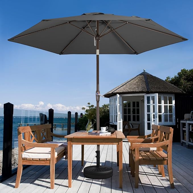 JEAREY 7.5FT Patio Umbrella Market Table Umbrella with 6 Sturdy Ribs, Push Button Tilt/Crank Outdoor Umbrella for Garden, Deck, Backyard, Pool and Beach,Gray