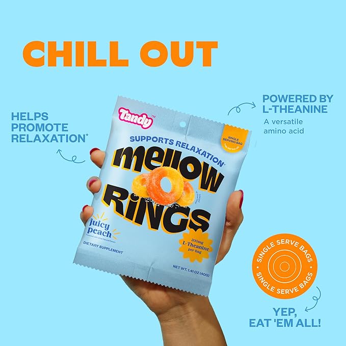 Tandy Mellow Rings L-Theanine Gummies I Relaxation Gummies with Juicy Peach Flavor I Calming Gummies for Adults I Gluten-Free Fast-Acting Dietary Supplement Gummy I 6-Pack