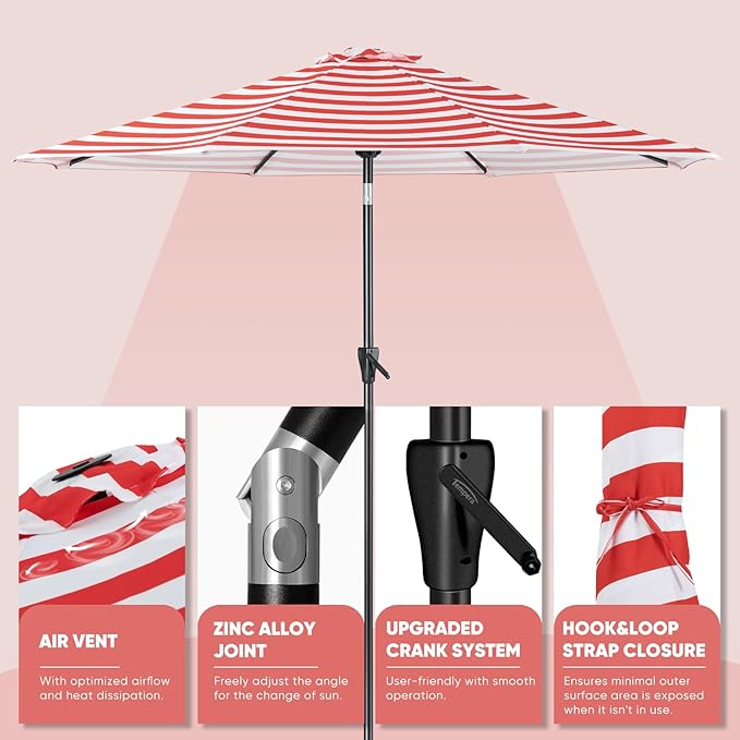 Tempera Patio Market Outdoor Table Umbrella with Push Button Tilt and Crank,Large Sun Umbrella with Sturdy Pole&Fade resistant canopy,Easy to set