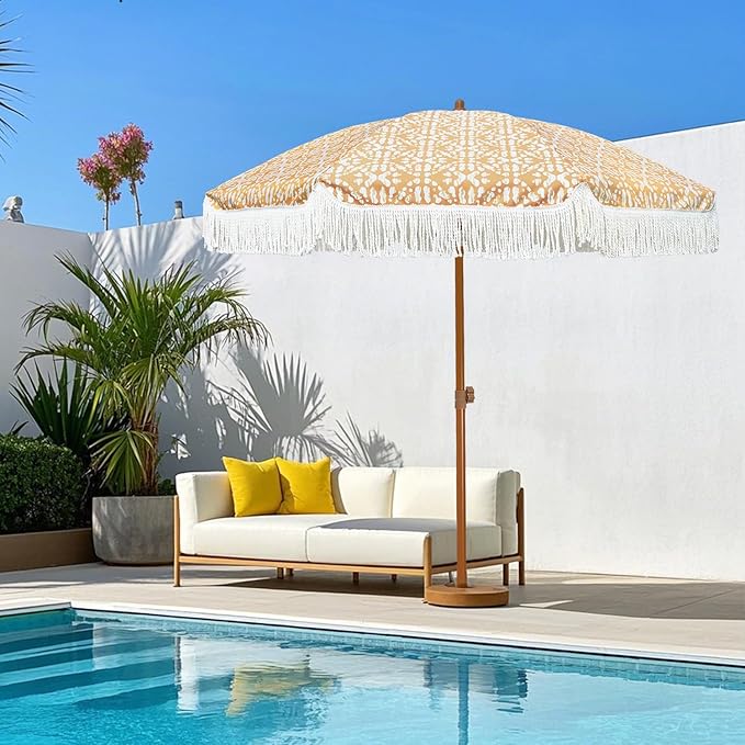 AMMSUN 7ft Patio Umbrella with Fringe Outdoor Tassel Umbrella UPF50+ Premium Steel Pole and Ribs Push Button Tilt, Retro Bohemian