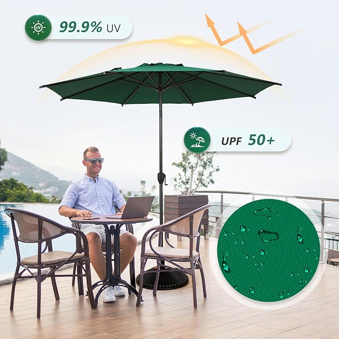 Abba Patio 9FT Lyon Outdoor Patio Umbrella Outdoor Table Umbrella with Push Button Tilt and Crank Market Umbrella 8 Sturdy Ribs UV Protection Waterproof for Garden Deck Backyard Pool Dark Green