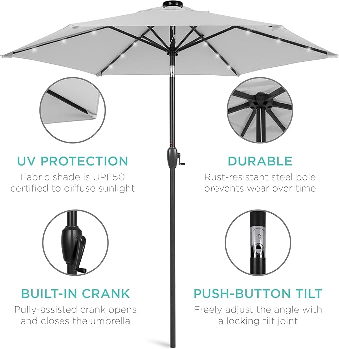 Best Choice Products 7.5ft Outdoor Solar Market Table Patio Umbrella for Deck, Pool w/Tilt, Crank, LED Lights - Fog Grey