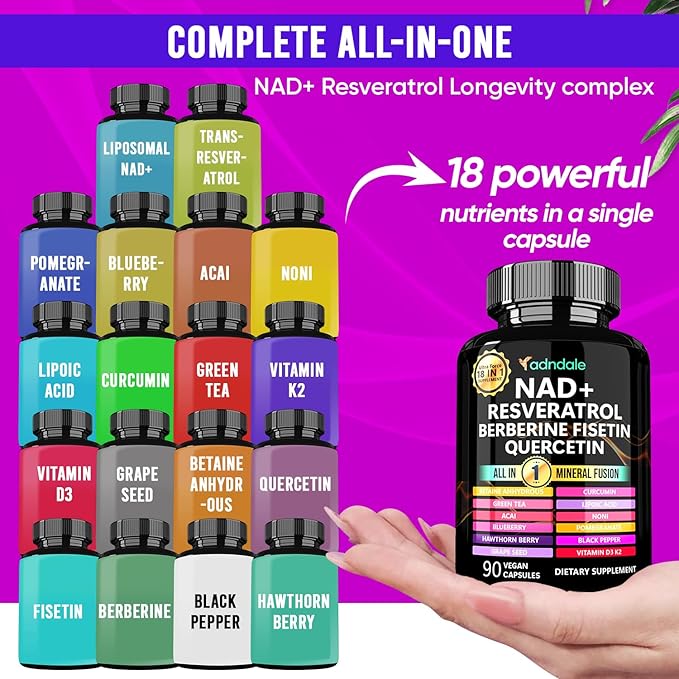 NAD Supplement. Longevity Formula with NAD, Trans Resveratrol, Quercetin, Betaine Anhydrous, Grape Seed, Fisetin. 180 Capsules