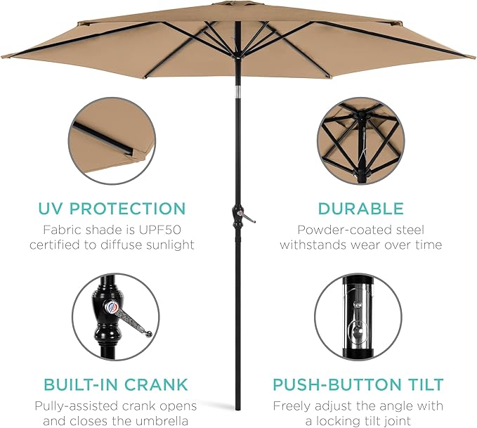 Best Choice Products 10ft Outdoor Steel Polyester Market Patio Umbrella w/Crank, Easy Push Button, Tilt, Table Compatible - Tan
