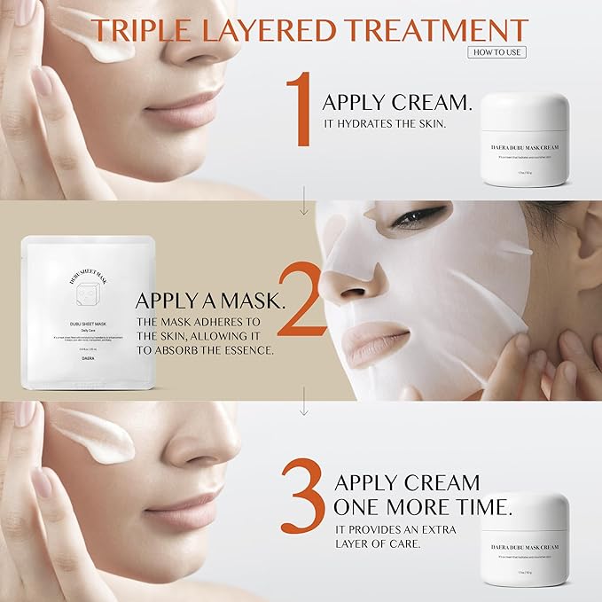 Korean DUBU Cream Glass Skin Care Set (1.7 oz Cream + 5 Sheet Masks), Deep Hydrating Repairing Nourishing for Dry and Sensitive Skin, Panthenol, Niacinamide, Adenosin, Korean Moisturizer