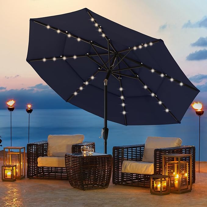 ABCCANOPY Solar Led Patio Umbrella 3-Tiers 11FT (Navy Blue)