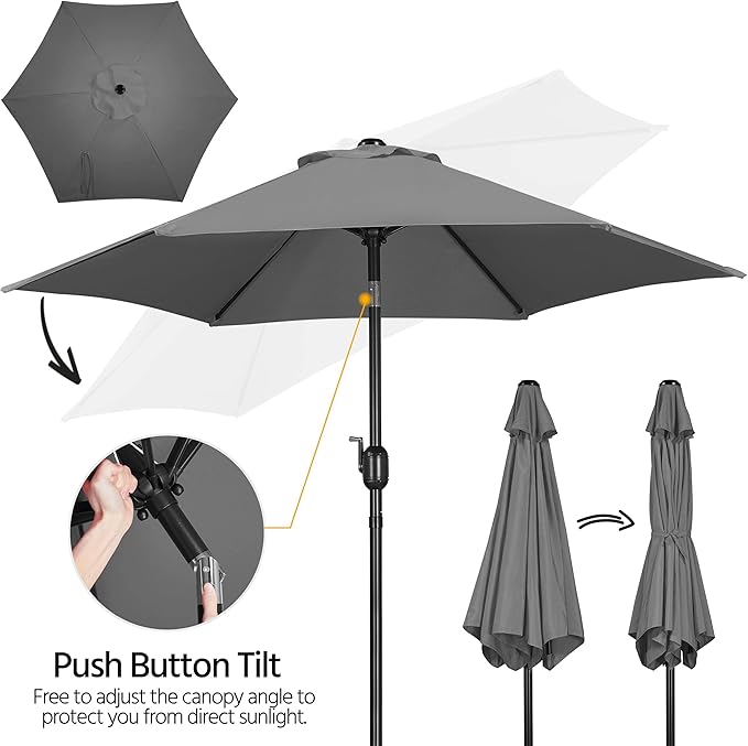 Yaheetech 7.5FT Patio Umbrella Outdoor Market Table Umbrella with 6 Sturdy Ribs, Push Button Tilt & Crank for Garden/Lawn/Deck/Backyard/Pool/Beach, Gray