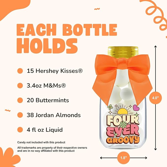 Small 12 Pack Four Ever Groovy Party Favors - DIY Candy Jars with Ribbons and Stickers - Funky Party Decoration Bottles for 4th Birthday Bash for Boy or Girl - Retro Hippie Table Centerpiece