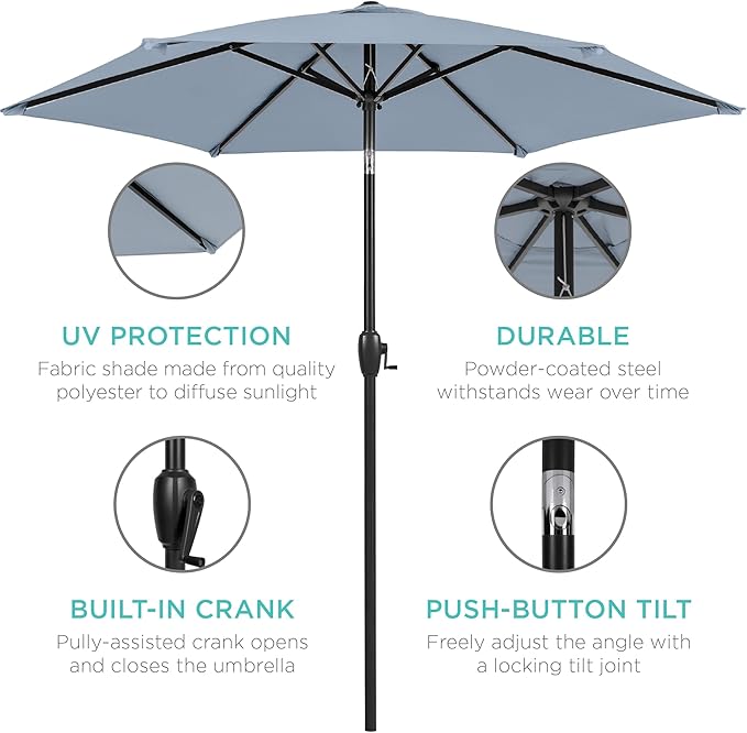 Best Choice Products 7.5ft Heavy-Duty Round Outdoor Market Table Patio Umbrella w/Steel Pole, Push Button Tilt, Easy Crank Lift - Breeze Blue