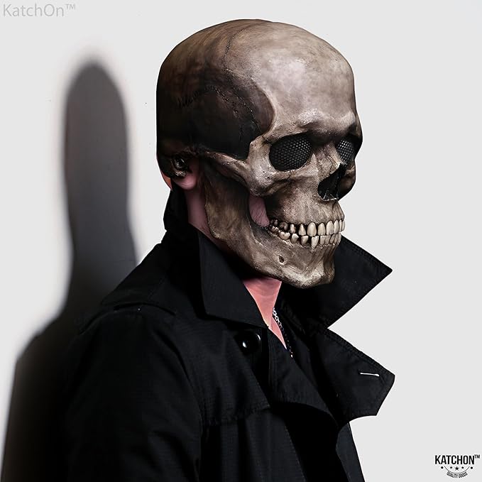 KatchOn Creepy Halloween Skull Mask Full Head with Movable Jaw - Realistic Latex Skull Mask Costume for Adults