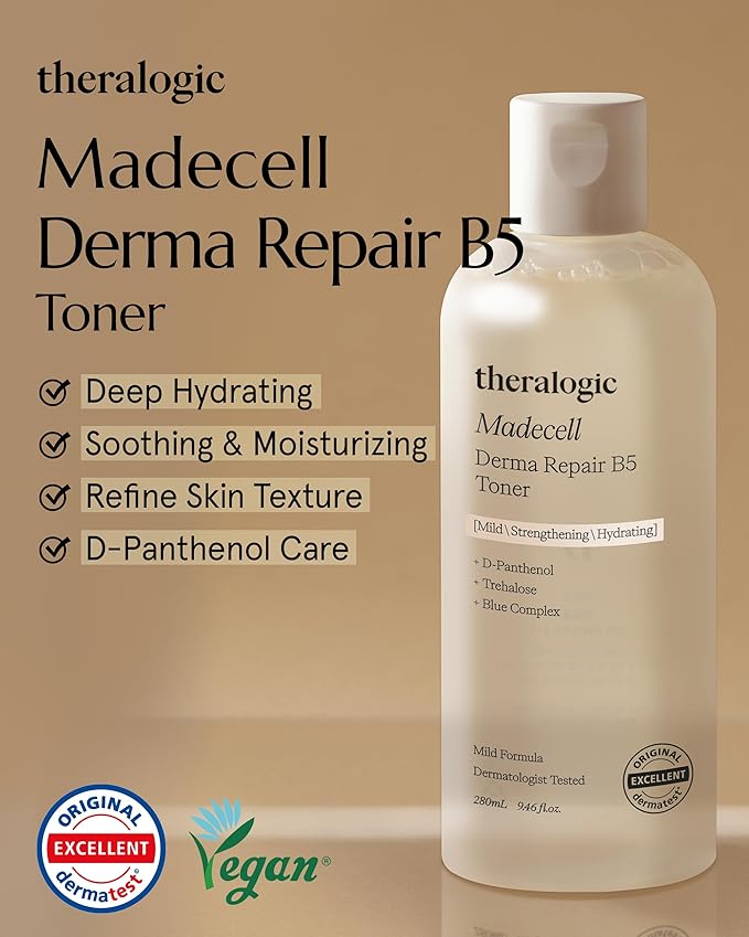 Madecell Derma Repair B5 Toner - Inner Skin Moisturizing & Soothing Essence Toner for Sensitive Skin with Dexpantenol & Madecassoside - Hypoallergenic, Vegan, Fragrance Free, 9.48 fl.oz.