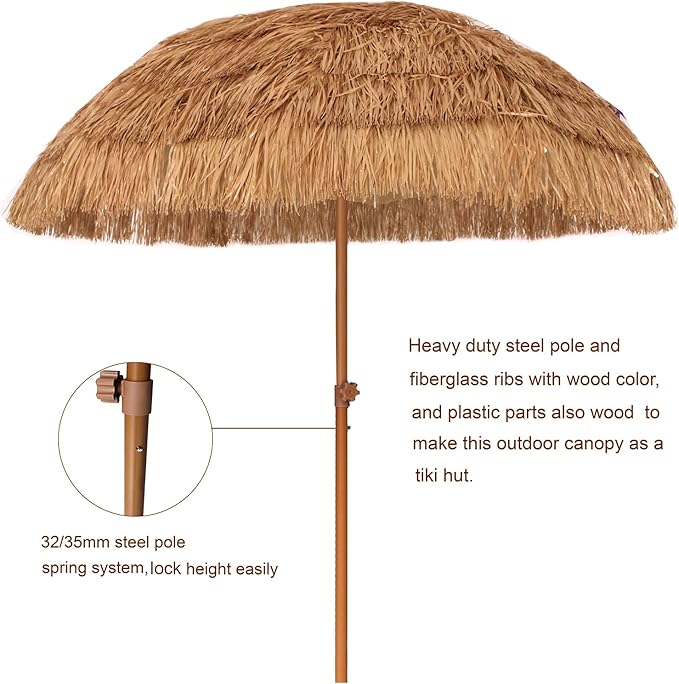 AMMSUN 7.5ft Hula Thatched Tiki Patio Beach Umbrella Hawaiian Style 10 Ribs UPF 50+ with Tilt Carry Bag for Outdoor Tiki Bar, Tropical Palapa, Patio Garden Beach Pool Backyard Natural Color