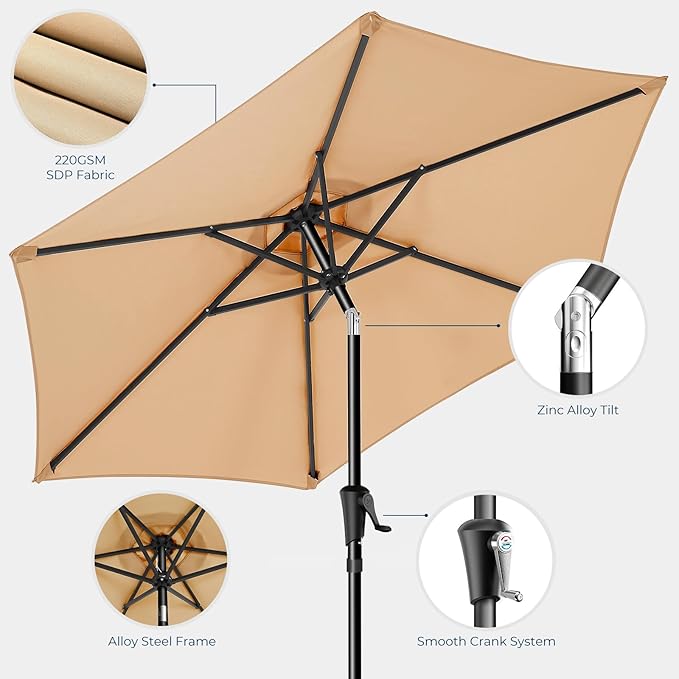 9ft Outdoor Patio Umbrella - Market Table Pool Deck Umbrella UPF50+ UV Protection with Push Button Tilt, Crank and 8 Sturdy Ribs (Beige, No base)