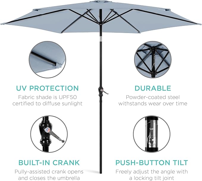 Best Choice Products 10ft Outdoor Steel Polyester Market Patio Umbrella w/Crank, Easy Push Button, Tilt, Table Compatible - Breeze Blue