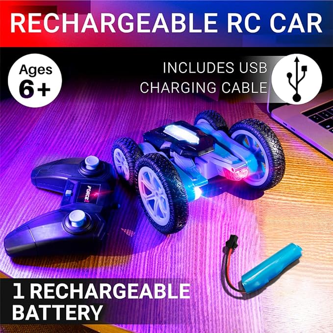 Force1 Tornado Blue LED Remote Control Car for Kids- Double Sided Driving Fast RC Cars 360 Flips, Outdoor 4WD Off Road Stunt RC Car, All Terrain Tires, RC Crawler Rechargeable Battery, 2.4GHz Remote