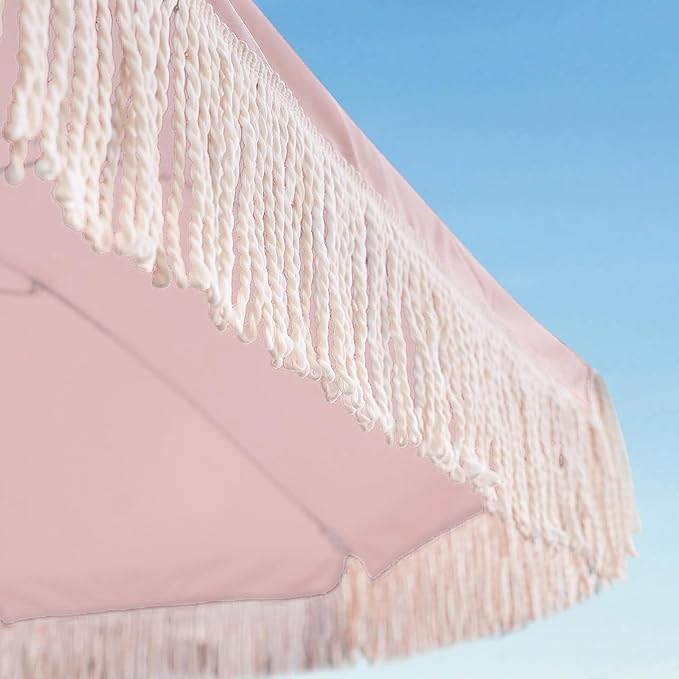 AMMSUN 7ft Patio Umbrella with Fringe Outdoor Tassel Umbrella UPF50+ Premium Steel Pole and Ribs Push Button Tilt, Elegant Pink