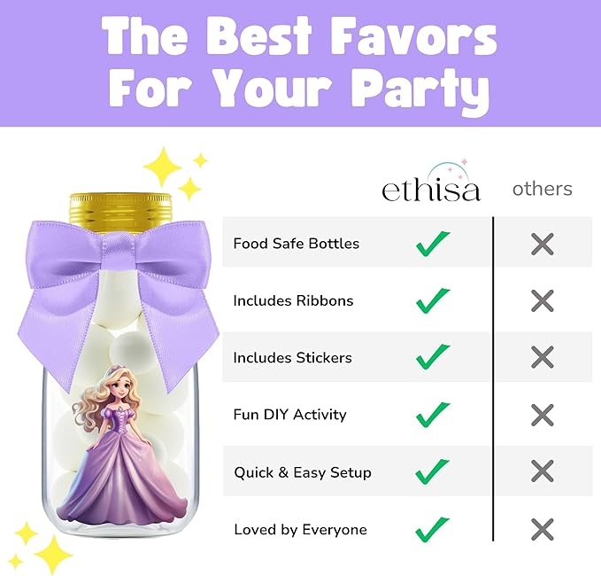 Small 12 Pack Princess Party Favors - DIY Candy Jars with Ribbons and Stickers - Party Decoration Bottles for Birthday, School Classroom, and Baby Shower for Girls - Table Centerpiece for Kids