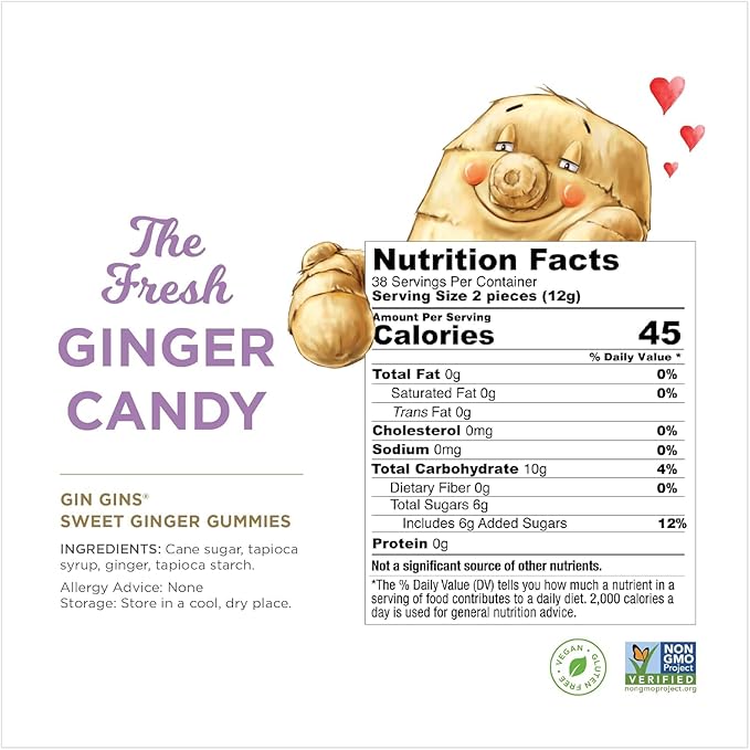 GIN GINS Sweet Ginger Gummies – Natural Fresh Ginger Candy by The Ginger People – Sweet Ginger Gummies Flavor – Large 1 lb Bag (16oz) – Pack of 1