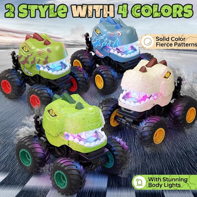 Remote Control Car for Boys 4-7 8-12, Dinosaur Monster Truck Toys with 50min+ Runtime, Spray, LED Light, 360° Rotating & 90° Driving, RC Stunt Car for Kids Birthday