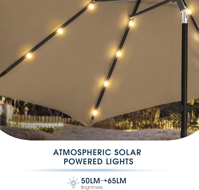 wikiwiki 7.5ft Solar Led Patio Umbrella, Sturdy Outdoor Market Umbrella for Deck, Pool, Garden w/Tilt, Crank, 18 LED Lights, Tan