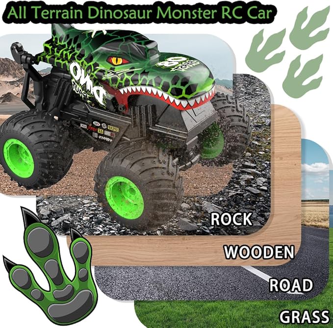 1:20 RC Car for Kids, 2.4GHz Remotes, Green Dinosaur Monster Truck Toys, All Terrain Stunt Remote Control Car with Music, Light, 2 Rechargeable Batteries, Gift Present for Boys/Girls Ages 3+