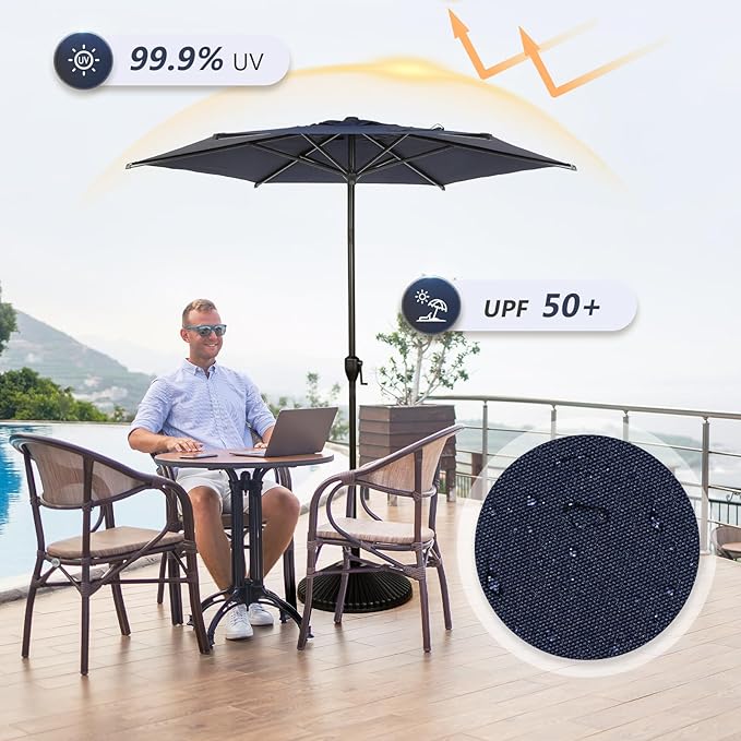 Abba Patio 7.5FT Lyon Outdoor Patio Umbrella Outdoor Table Umbrella with Push Button Tilt and Crank Market Umbrella 6 Sturdy Ribs UV Protection Waterproof for Garden Deck Backyard Pool Dark Blue.