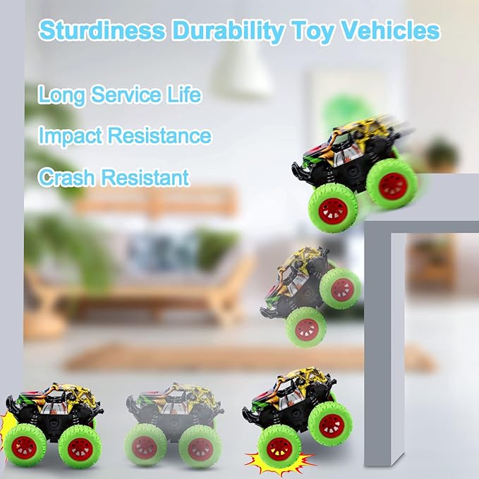 M SANMERSEN Monster Truck Toys for Ages 2-4, Friction Cars for Toddlers 1-3 Push and Go 360° Rotating Stunt Car for 2+ Year Old Boys Girls Gifts (2 Pack - Blue and Green)