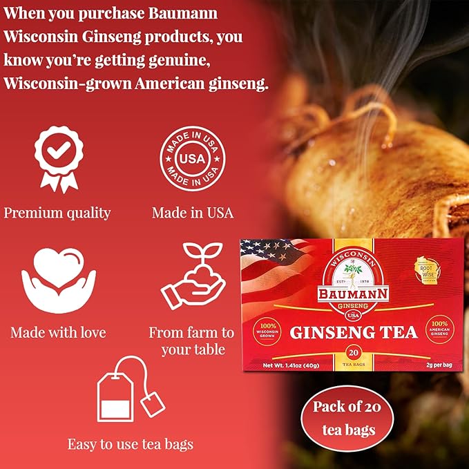 Baumann Premium American Ginseng Tea Bags (20 Tea Bags) - Authentic Panax Wisconsin Grown Panax Ginseng Herbal Tea - Healthy Green Tea with Antioxidant Ginsenosides for Enhanced Focus & Energy
