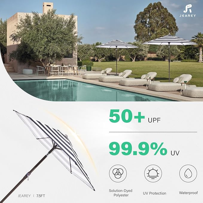 JEAREY 7.5FT Patio Umbrella Market Table Umbrella with 6 Sturdy Ribs, Push Button Tilt/Crank Outdoor Umbrella for Garden, Deck, Backyard, Pool and Beach,Black-White Stripe