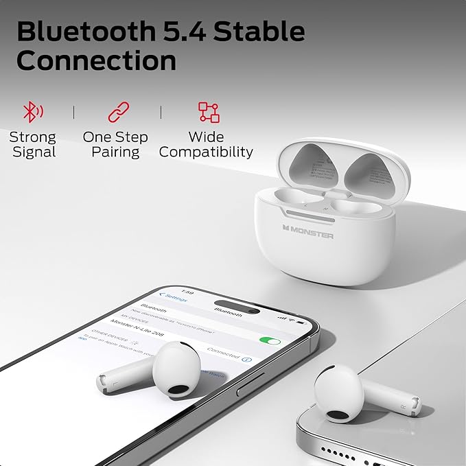 Monster N-Lite 208 Wireless Earbuds, Bluetooth Earbuds Touch Control, Headphones Bluetooth Wireless with 30H Playtime, Type-C Fast Charging, Clear Call, Comfortable Fit for Running, White