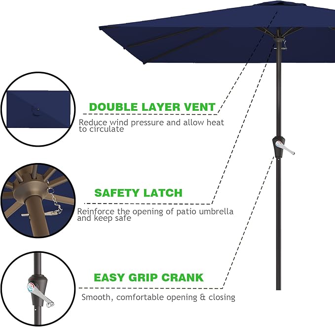 8' x 10' Rectangular Patio Umbrellas for Outdoor, Outdoor Table Umbrella, Large Outdoor Patio Umbrellas with 8 Sturdy Ribs for Market, Garden, Pool (Navy)