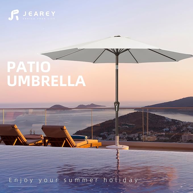 JEAREY 10FT Outdoor Patio Umbrella Outdoor Table Umbrella with Push Button Tilt and Crank, Market Umbrella 8 Sturdy Ribs UV Protection Waterproof for Pool, Garden (Creamy-white)