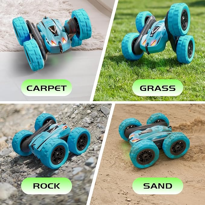 Remote Control Car,Fast RC Cars,2.4Ghz Double Sided 360° Rotating RC Stunt Cars with Headlights,All Terrain Rechargeable Car Toys for Boys Ages 5-7 8-12,Birthday Gifts for Kids Blue