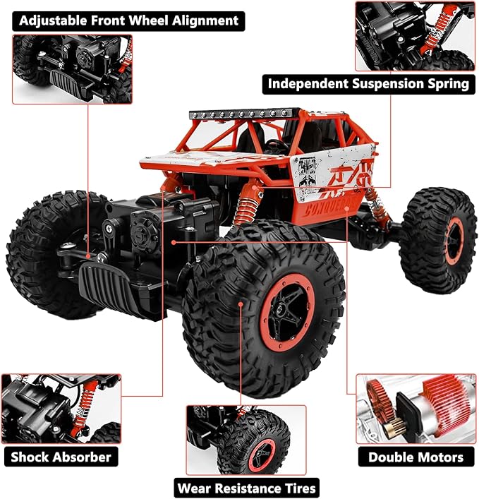 Cheerwing 1:18 Rock Crawler 2.4Ghz Remote Control Car 4WD Off Road RC Monster Truck 2 Battery(Red)