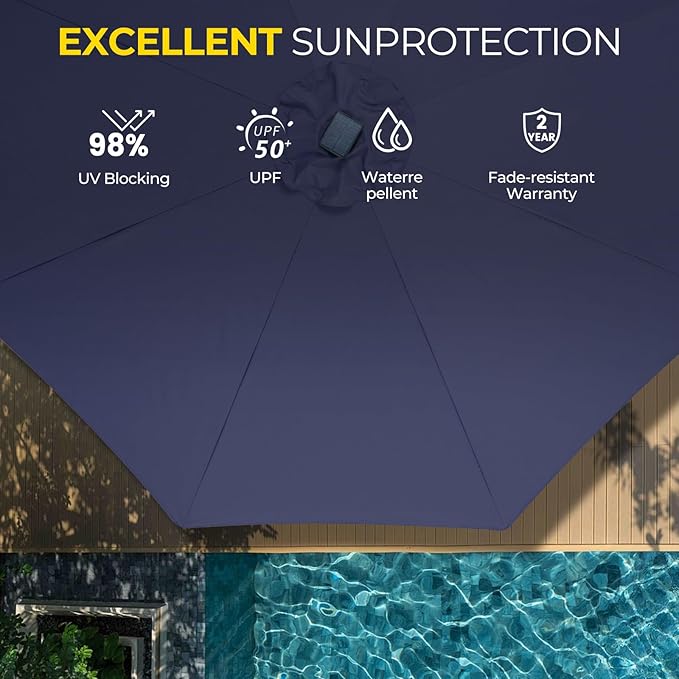 Tempera Solar Patio Umbrella 40 LED Lighted Outdoor Umbrella Table Market Umbrella with Push Button Tilt and Crank, Solar Umbrella with Sturdy Pole&Fade Resistant Canopy, Easy to Set