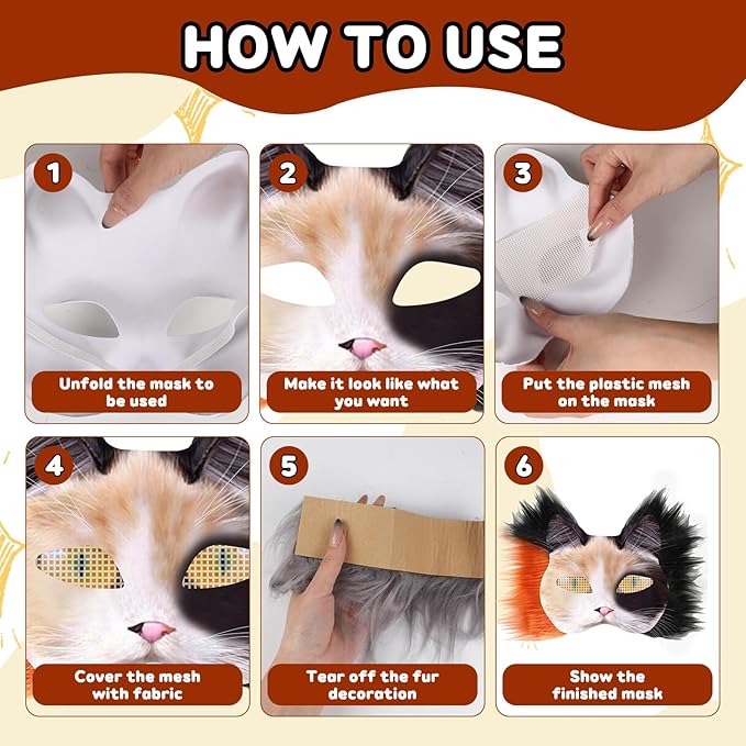 Cat Mask with Eye Mesh Fur Beard and Felt Fabric Sheet,98 PCS DIY Animal Mask Kit Cat Masks to Paint Blank Animal Dress Up Masks,DIY Face Mask Costume for Masquerade,Halloween Party,Cosplay