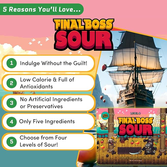 Final Boss Sour Candy, Extremely Super Sour Gummy Candy, Strawberry and Mango, LvL 2 (3.52 Ounce Bag, 1 Bag) - Gummies Made with Dried Fruit, Free of Artificial Colors, Healthy Snack for Kids & Adults