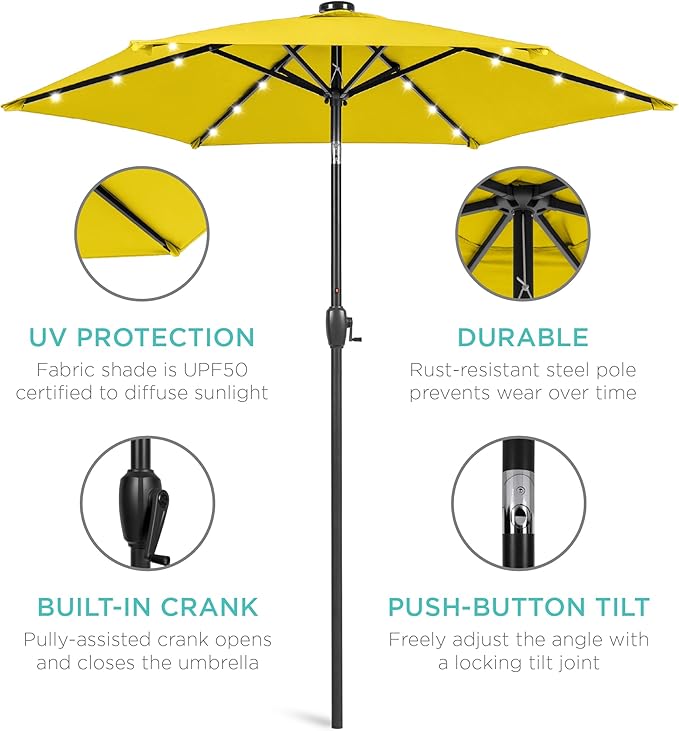 Best Choice Products 7.5ft Outdoor Solar Market Table Patio Umbrella for Deck, Pool w/Tilt, Crank, LED Lights - Yellow