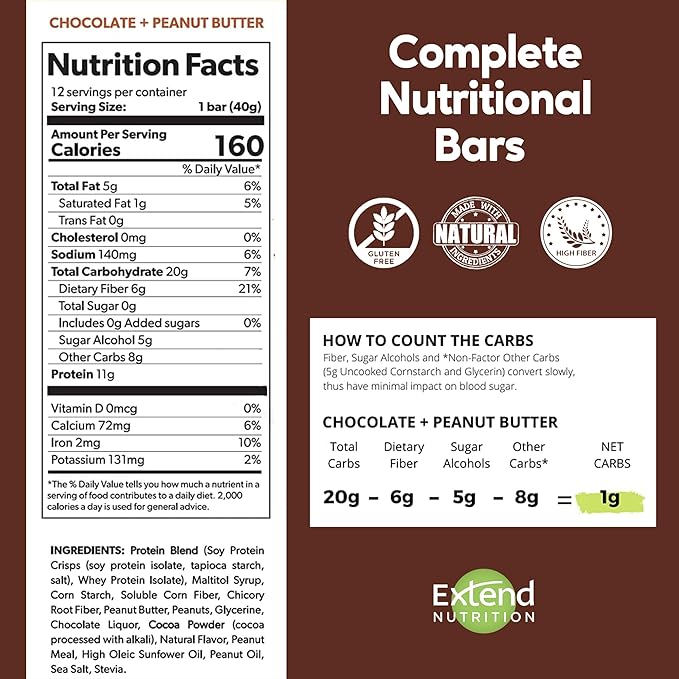 Extend Sugar Free Protein Bars, Perfect Diabetic Snacks, High Protein and Fiber, Hunger Control & Steady Energy, Low Carb, Keto Friendly, Chocolate Peanut Butter, 12 Count