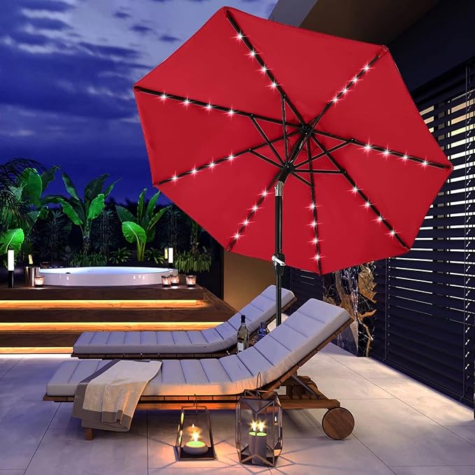 ABCCANOPY Durable Solar Led Patio Umbrellas with 32LED Lights 9FT (Red)