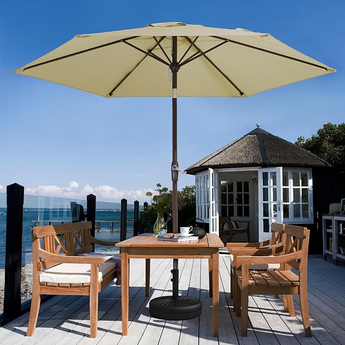 JEAREY 7.5FT Patio Umbrella Market Table Umbrella with 6 Sturdy Ribs, Push Button Tilt/Crank Outdoor Umbrella for Garden, Deck, Backyard, Pool and Beach,Tan