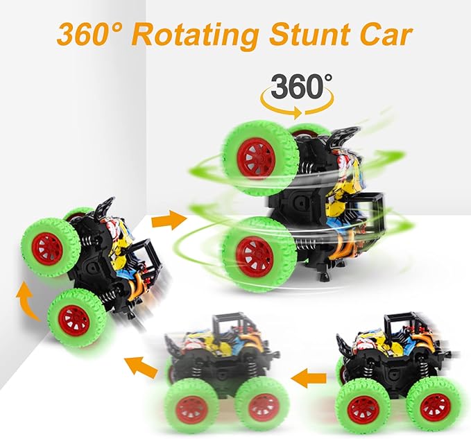 M SANMERSEN Monster Truck Toys for Ages 2-4, Friction Cars for Toddlers 1-3 Push and Go 360° Rotating Stunt Car for 2+ Year Old Boys Girls Gifts (4 Pack - Blue/Green/Red/Yellow)