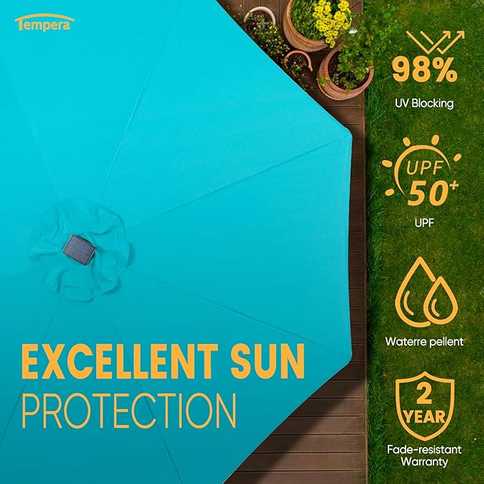 Tempera Solar Patio Umbrella 40 LED Lighted Outdoor Umbrella Table Market Umbrella with Push Button Tilt and Crank, Solar Umbrella with Sturdy Pole&Fade Resistant Canopy, Easy to Set